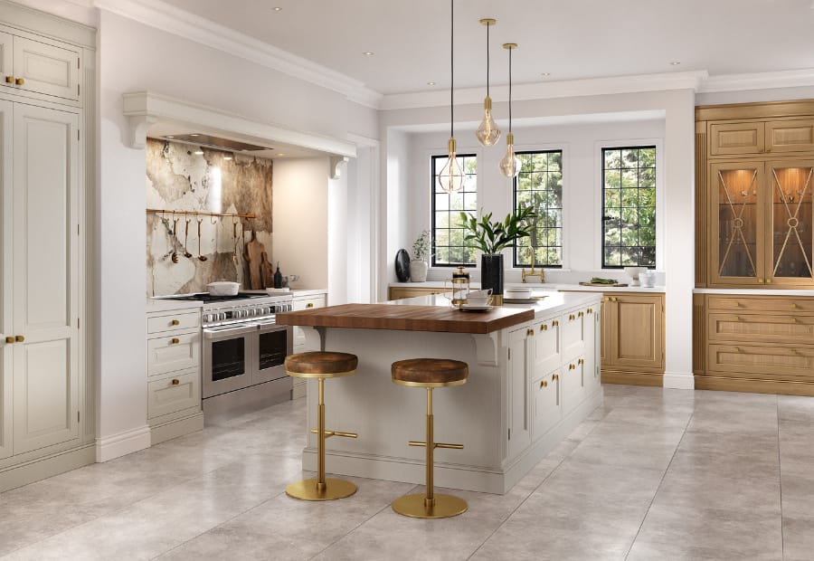 A stylish kitchen with taupe grey and white oak cabinets, a large island, and modern lighting, combining elegance and functionality.