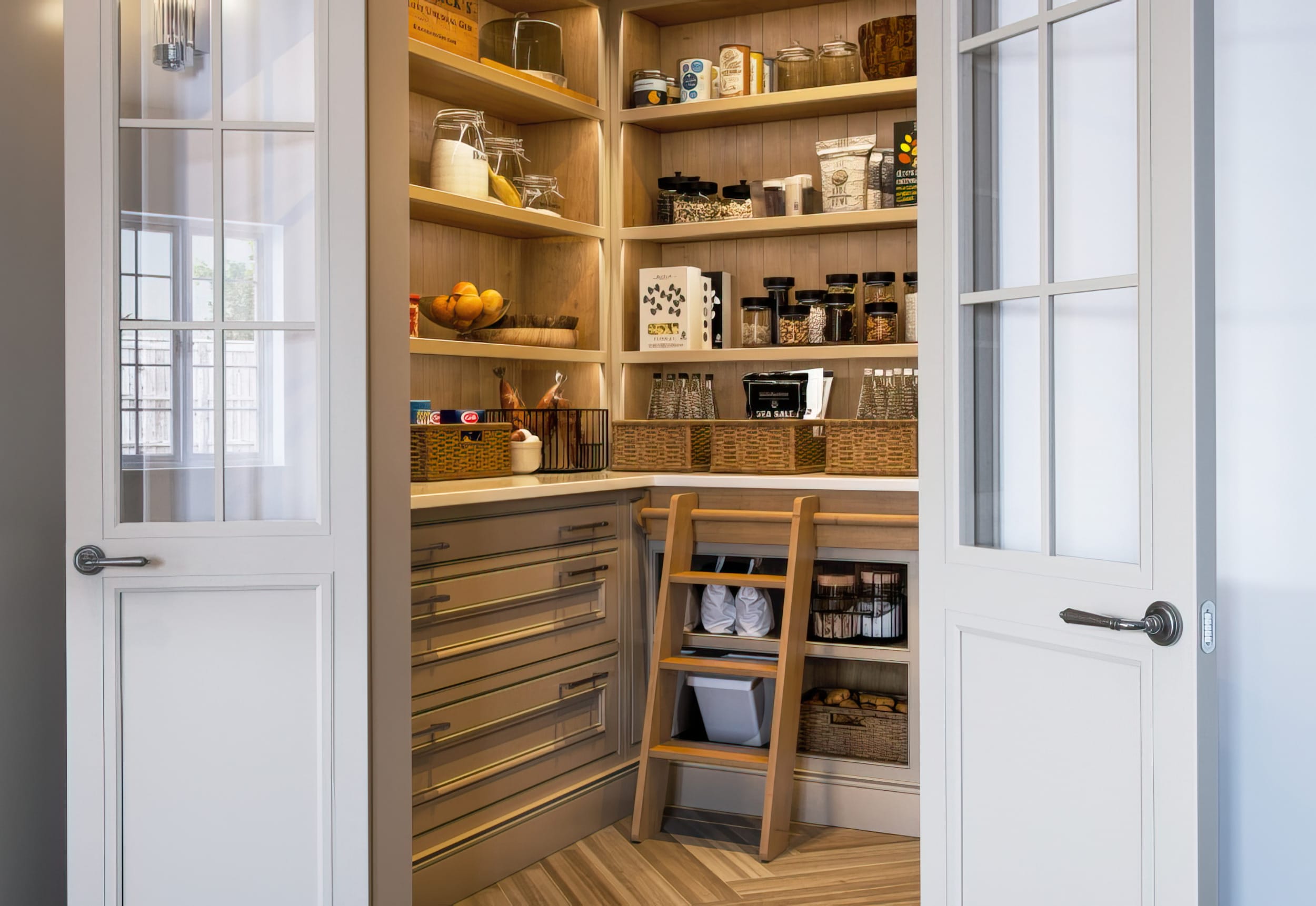 A beautifully designed walk-in pantry featuring light-toned wood shelving and soft grey cabinetry with sleek metal handles. The pantry is meticulously organised with wicker baskets, glass jars, and neatly arranged pantry staples, creating a harmonious and functional space. A wooden ladder leans against the cabinetry, providing easy access to higher shelves. The space is framed by elegant double doors with glass panes, allowing natural light to enhance the warm and inviting atmosphere. The herringbone-patterned flooring adds a stylish touch, completing this practical yet aesthetically pleasing storage solution.