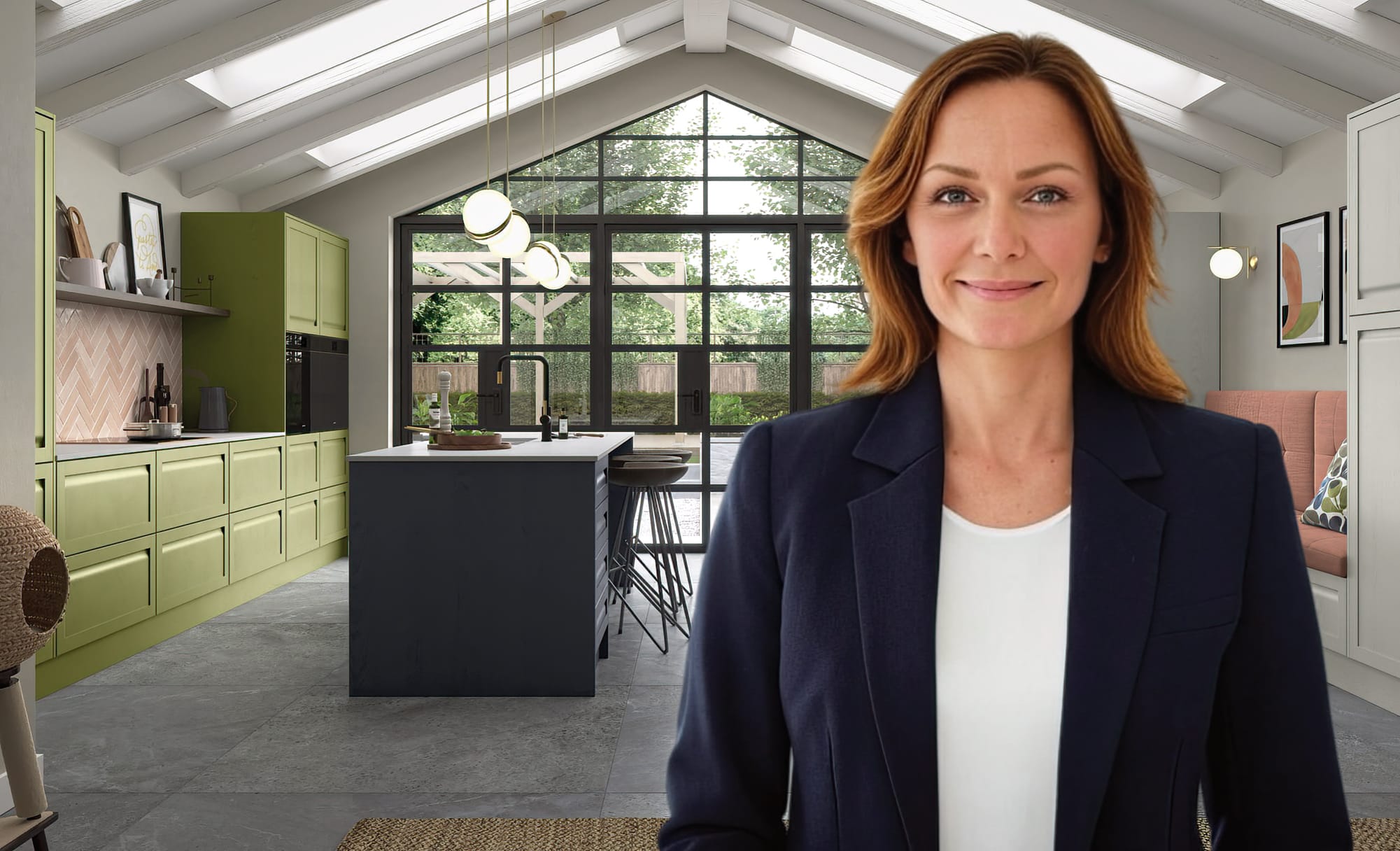 A beautifully designed bespoke kitchen with a vaulted ceiling and exposed beams, featuring a bold yet elegant combination of olive green cabinetry and a navy-blue island with a crisp white worktop. The kitchen includes a striking herringbone backsplash, integrated appliances, and an inviting breakfast bar with sleek bar stools. Large steel-framed windows and doors flood the space with natural light, seamlessly connecting the indoors with the lush garden outside. In the foreground, a professional, approachable woman in a smart navy blazer adds a human touch, symbolising the personalised service and expertise offered by Mastercraft Kitchens.